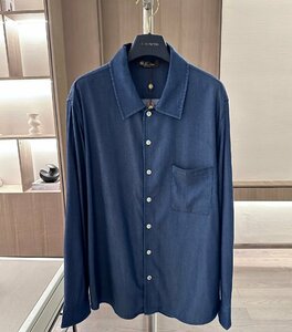 Loro Piana　ロロピアーナ　メンズ　テンセルデニムシャツ 長袖シャツ トップス カジュアル　紳士服　2XLサイズ　アセテート繊維　ネイビー