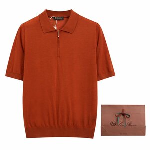 Loro Piana　ロロピアーナ メンズ 半袖 ニットポロシャツ Tシャツ 春夏 クリ色 XLサイズ 紳士服 ニットカットソー トップス ウール