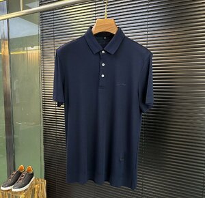 Loro Piana　ロロピアーナ メンズ 半袖ポロシャツ Tシャツ 　春夏　ネイビー　 Lサイズ 紳士服 リヨセル 無地 吸湿速乾　涼しい