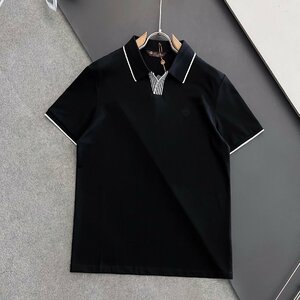 Loro Piana　ロロピアーナ メンズ ポロシャツ 半袖Tシャツ カノコ 綿 無地 ロゴ刺繍　春夏　ブラック XLサイズ 紳士服