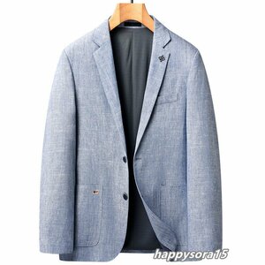 テーラードジャケット メンズ ビジネスジャケット ブレザー 紳士服 綿麻 春服 夏服 カジュアル ブルー　L