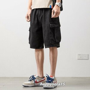 デニムショートパンツ　メンズ ハーフパンツ　ジーンズ Gパンツ 半ズボン 膝上 短パン ボトムス　５分丈　ブラック　4XL