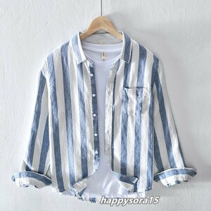 リネンシャツ　メンズ　カジュアルシャツ　麻 ストライプ柄　長袖 ポケット付き おしゃれ 羽織り 薄手 涼しい　ブルー XL