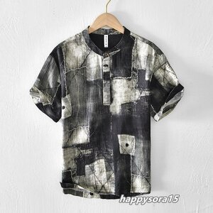 リネンシャツ メンズ Tシャツ 新品　カジュアルシャツ　パッチワーク 落書き アート柄 半袖　トップス グレー　XL