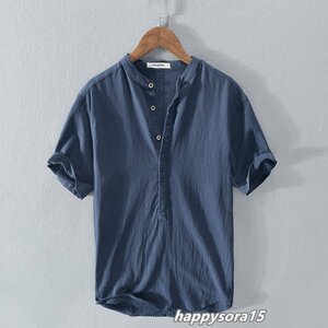 リネンシャツ メンズ カジュアルシャツ 半袖 プルオーバー ヘンリーネック 立ち襟 シンプル 夏服 トップス　ネイビー　XL