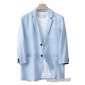 テーラードジャケット メンズ リネンジャケット ブレザー 麻100% ビジネススーツ コート 春夏　通気性　ライトブルー　L