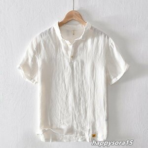 Tシャツ メンズ カジュアルシャツ ポロシャツ スリム 半袖シャツ シンプル 無地 カジュアル 通気性 麻　ホワイト　2XL