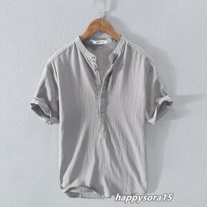 リネンシャツ メンズ カジュアルシャツ 半袖 プルオーバー ヘンリーネック 立ち襟 シンプル 夏服 トップス　グレー　XL