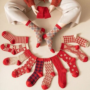 ソックス 靴下 11足セット くつ下 socks 可愛い 女の子 レディース 防寒 サンタクロース クリスマスグッズ クルーソックス 新年 レッド