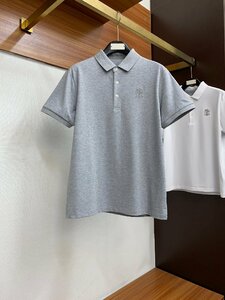 BRUNELLO CUCINELLI(ブルネロ クチネリ)メンズ ポロシャツ 半袖Tシャツ グレー M/48サイズ カノコ 綿 刺繍ロゴ 春夏 紳士服