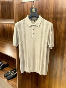 Loro Piana　ロロピアーナ メンズ 半袖 ポロシャツ Tシャツ 春夏 ベージュ 2XLサイズ 紳士服 ニットカットソー トップス ストライプ シルク