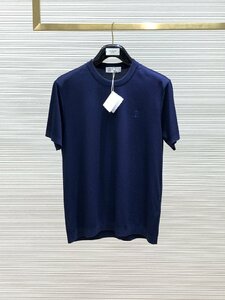 BRUNELLO CUCINELLI(ブルネロ クチネリ) メンズT-シャツ 半袖 綿 ネイビー 56サイズ トップス カットソー クルーネック カノコ 刺繍ロゴ