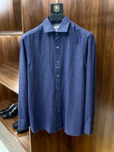 BRUNELLO CUCINELLI(ブルネロ クチネリ) メンズリネンシャツ　長袖シャツ トップス カジュアルシャツ 麻 薄手 無地 ネイビー 3XLサイズ