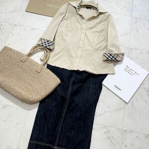  large size beautiful goods Burberry BURBERRY Burberry London blouse & Denim pants top and bottom set noba check hose embroidery 46 15 number 