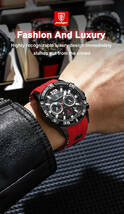 Poedagar メンズ クオーツ 腕時計 PO-912 ミリタリー ウォッチ スポーツ クロノグラフ シリコン バンド 時計 ブラック × グリーン_画像8