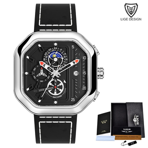 LIGE メンズ 腕時計 8966 スクエア クオーツ カジュアル ファッショナブル ウォッチ クロノグラフ レザー 時計 シルバー × ブラック