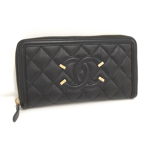 【中古】CHANEL ラウンドファスナー長財布 ココマーク キャビアスキン レザー ブラック A84449