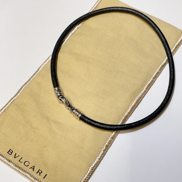 即決 送料無料 中古★BVLGARI ブルガリ レザー チョーカー ネックレス アクセサリー レディース メンズ ブラック系×シルバー系金具 袋有