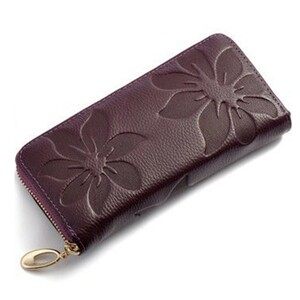  long wallet floral print lady's cow leather purse change purse . purple 