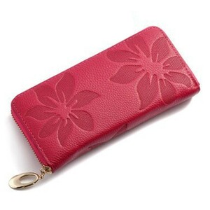  long wallet floral print lady's cow leather purse change purse . rose red 