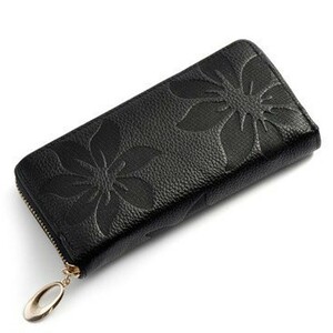  long wallet floral print lady's cow leather purse change purse . black 