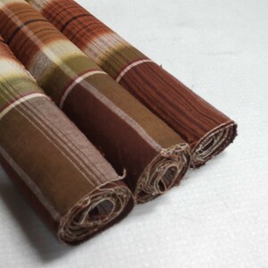 【時代布】木綿 格子 3枚 合計約500cm 茶色 緑 ブラウン グリーン 生地 古布 古裂 アンティーク リメイク素材 A-939