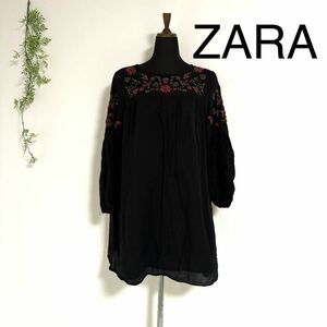 【ZARA】 ザラ チュニック 花柄刺繍 ブラック バラ ワンピース
