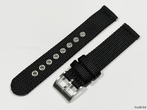 ラグ幅:20mm 分割 NATO ストラップ ファブリック 腕時計ベルト ブラック 時計用バンド 二重編み込み リング ホール