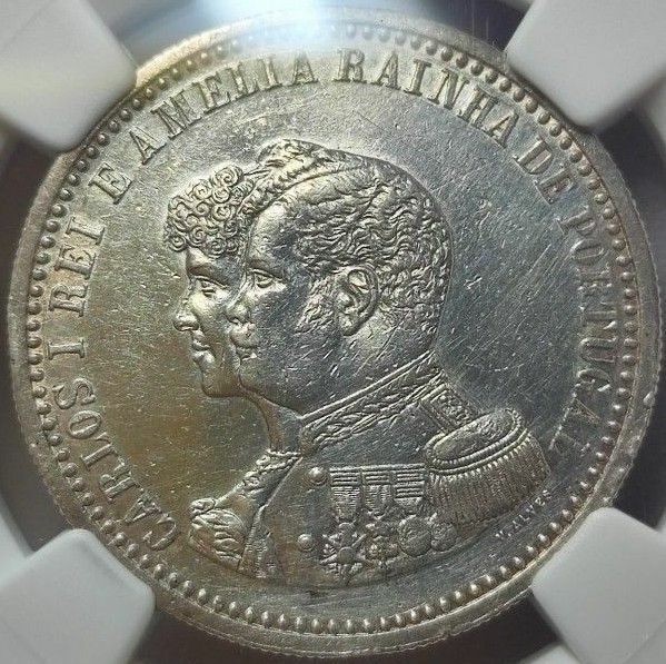 【AU】NGC　1898　ポルトガル　500レイス銀貨　カルロス1世＆アメリア王妃　インド発見記念貨