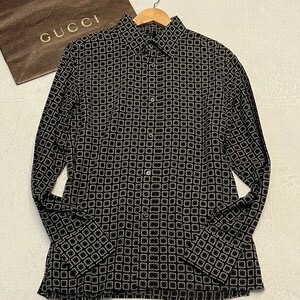 未使用級/XLサイズ●グッチ【王者の貫禄】GUCCI 長袖シャツ 総柄 ロゴデザイン シルク100 絹 42