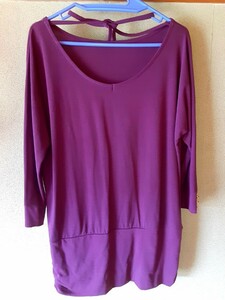 新品 チュニック ドルマン プルオーバー カットソー Ｌ 紫 パープル トップス レディース リボン 洋服 WOMAN 七分袖