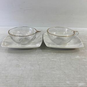 ガラス 陶器 カップ&ソーサー ティー ペア カップ コーヒーカップ レトロ 金縁 美品