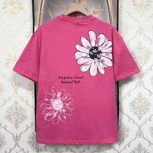 高級EU製＆定価2万◆UABONI*Paris*半袖Tシャツ*ユアボニ*パリ発◆上質 吸汗 ソフト 花柄 プルオーバー トップス 可愛い 男女兼用 夏 M/46