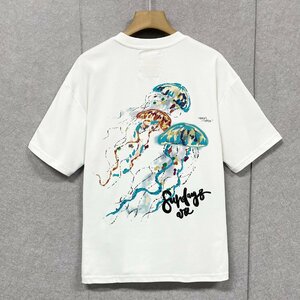 個性・半袖Tシャツ 定価2万◆Emmauela・イタリア・ミラノ発◆上品 柔らかい 薄手 通気 油絵風 クラゲ プルオーバー 美しい 男女兼用 夏 L