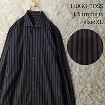 US輸入古着 HUGO BOSS 長袖シャツ ストライプ柄 XLサイズ ダークネイビー ブラック ヒューゴボス ビジネス オフィスカジュアル_画像1