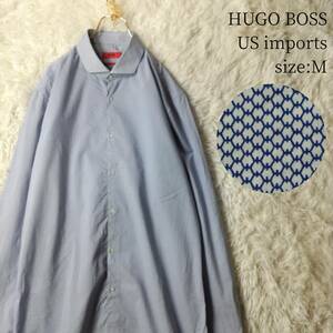US輸入古着 HUGO BOSS 長袖シャツ 総柄 幾何学模様 ドレスシャツ Mサイズ 細身 ヒューゴボス ライトブルー ネイビー×ホワイト