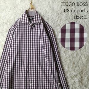 US輸入古着 HUGO BOSS 長袖シャツ ドレスシャツ チェック柄 Lサイズ ヒューゴボス パープル系 紫 ボルドー ギンガムチェック