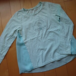 子供 衣類 １６０ カットソー 長袖 Tシャツ 160 水色 レース オーガンジー Ａライン スイーツ 刺繍