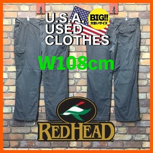 BP2-602★W108センチ位★00's 旧タグ★USA古着【RED HEAD】裏チェックフランネル カーゴパンツ【W43 メンズ 2XL】グレー アウトドア ワーク