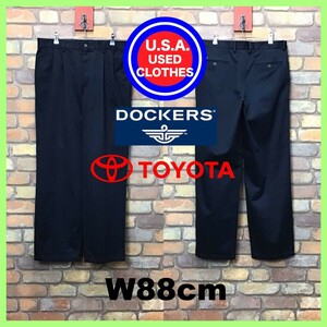 BP3-257★W88センチ位★レア★US古着★企業ロゴ【DOCKERS×TOYOTA】刺繍ロゴ入り チノパン【W34 メンズ L】濃紺 ワークパンツ カラーチノ