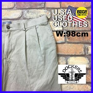 BP3-207★W98センチ位★USA限定★オーバーサイズ★【DOCKERS】2タック ワイドスラックス【W38 メンズ XL】ベージュ トラウザーズ ワーク