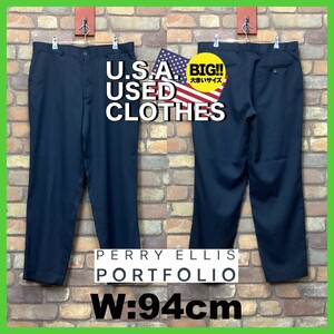 BP3-281★W94センチ位★USA古着【PERRY ELLIS PORTFOLIO】ノータック チェック スラックスパンツ【W36 メンズ XL】ネイビー 千鳥格子