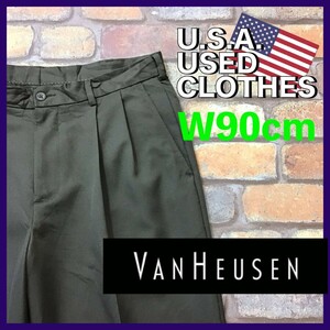 BP2-995★W90センチ位★USA買付商品★良品★【VAN HEUSEN バンヒューゼン】2タック スラックス【W34 メンズ L】ブラウン アイビー USA古着