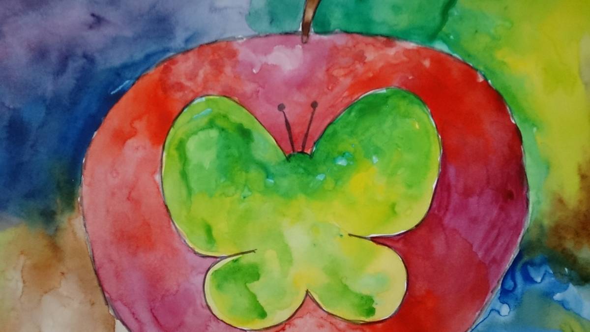 Originale handgezeichnete Illustration im B5-Format. Apfel und Schmetterling in einem magischen Land, Comics, Anime-Waren, handgezeichnete Illustration