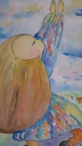 Art hand Auction B5 사이즈 원본 손으로 그린 삽화 일러스트 하늘에 기도하는 소녀, 만화, 애니메이션 상품, 손으로 그린 그림