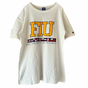 90s champion チャンピオンFIU プリント Tシャツ L ホワイト USA製 青タグ ダメージ ボロ vintage ヴィンテージ