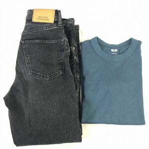 ■UNIQLO/無地 U首 半袖 Tシャツ/MOUSSY/デニムジーンズ/2点セット[L]紺/黒《美品》/