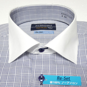 新品 送料無料 M 39-82 ドレスシャツ クレリック 綿100％ 標準 BASIC BODY ワイドカラー 形態安定 ブルー チェック HYBRIDBIZ ノーアイロン