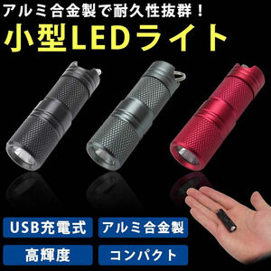 LEDライト 充電式 小型 携帯 アルミ合金製 高輝度 高耐久 軽量 キーリング アウトドア コンパクト 【ブラック】 送料300円