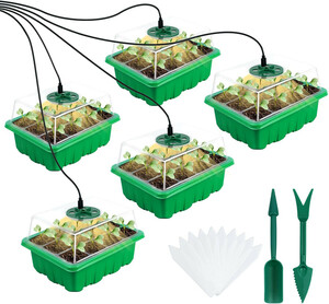 育苗ポット 植物育成ライト付き 育苗箱 育苗トレー 5個セット 12穴 透明カバー 調節可能湿度ドーム付き 延長版usbケーブル1.6m